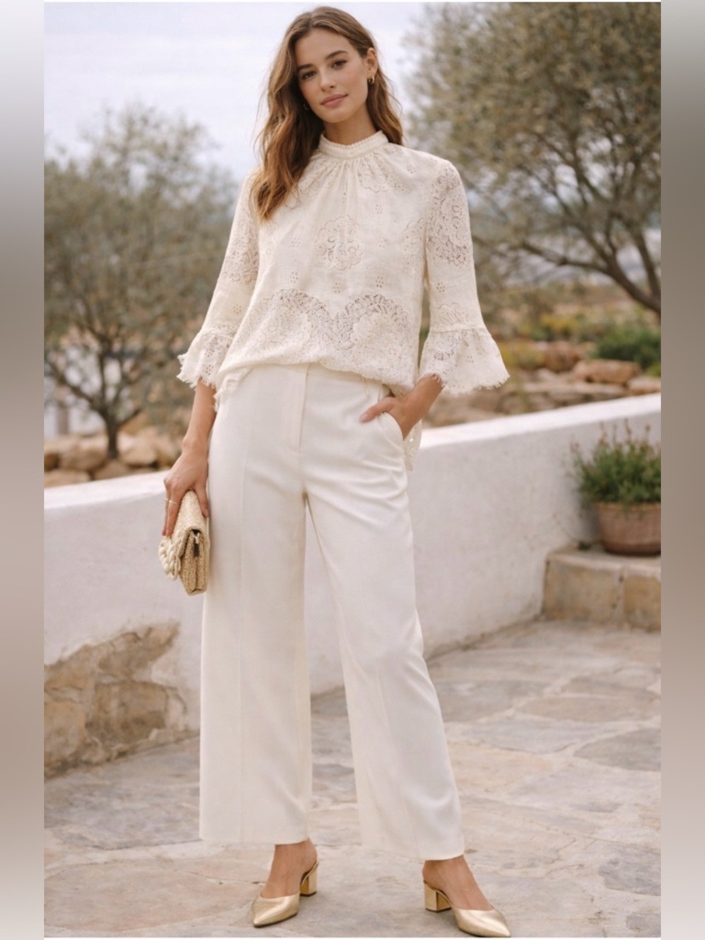 *Lace Eyelet High-Neck Blouse in Cream - Picture 3 of 9
